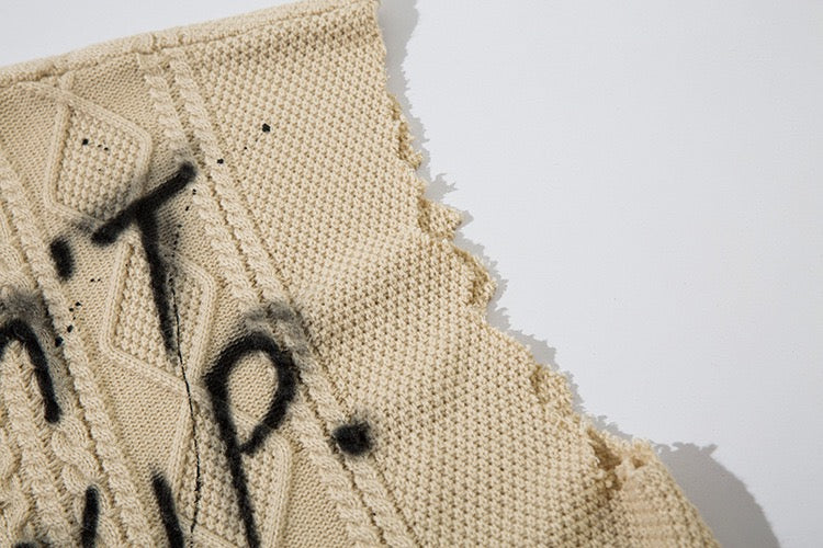 DON’T GROW UP Graffiti Distressed Knit Vest – Beige / Black