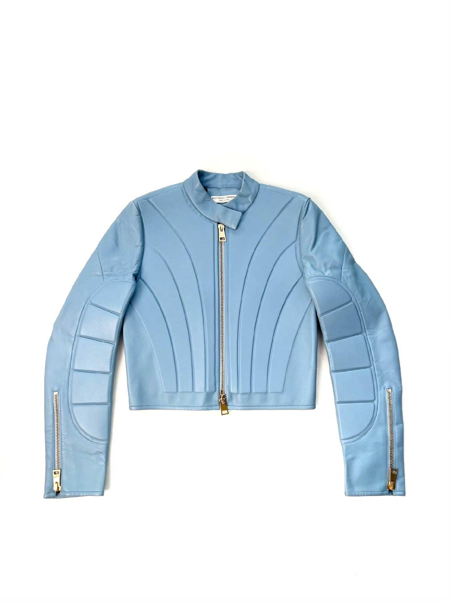 Bottega Veneta Sculpted Panel Leather Jacket – Powder Blue Quilted Architectural Archive Piece