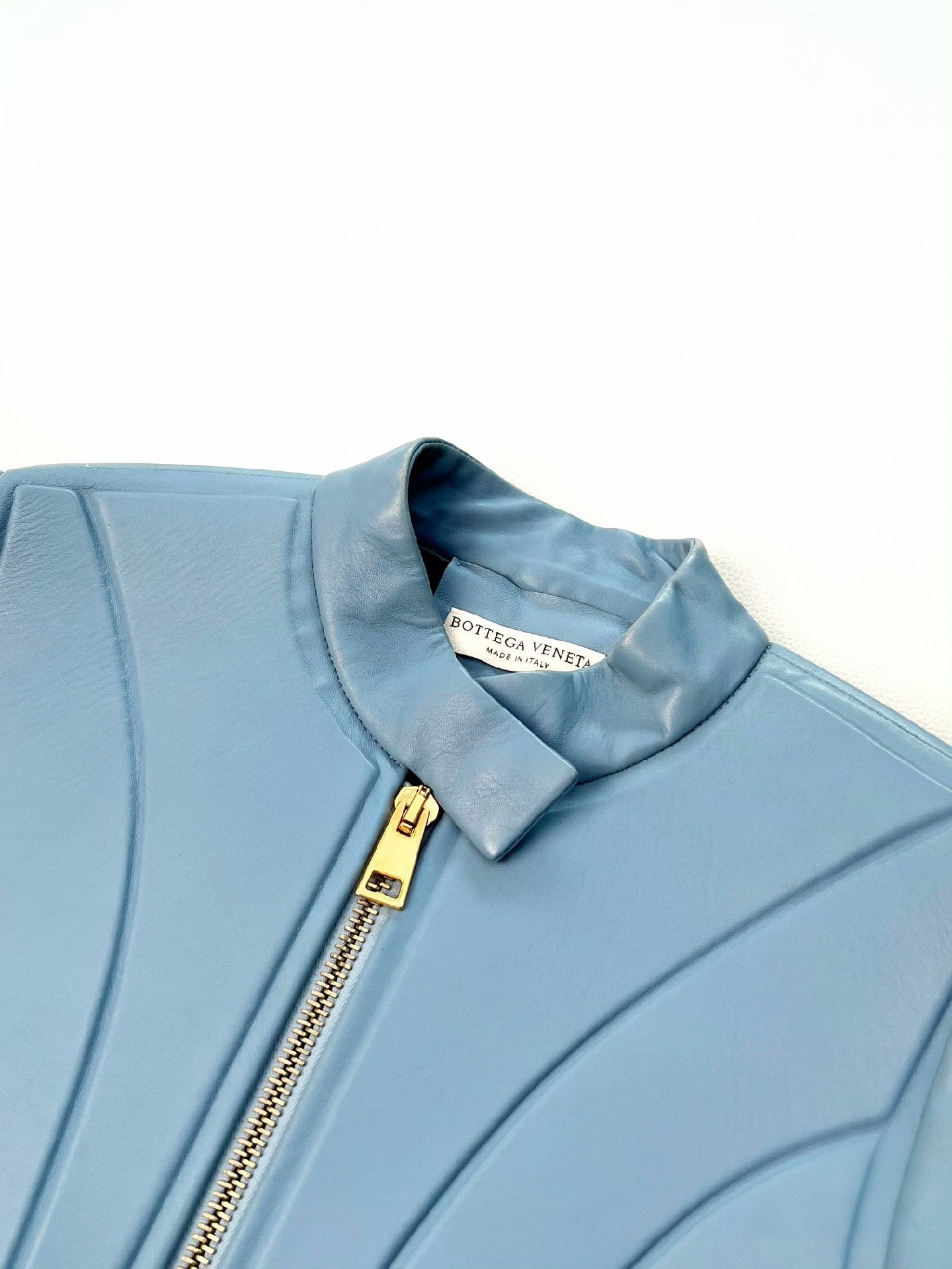 Bottega Veneta Sculpted Panel Leather Jacket – Powder Blue Quilted Architectural Archive Piece