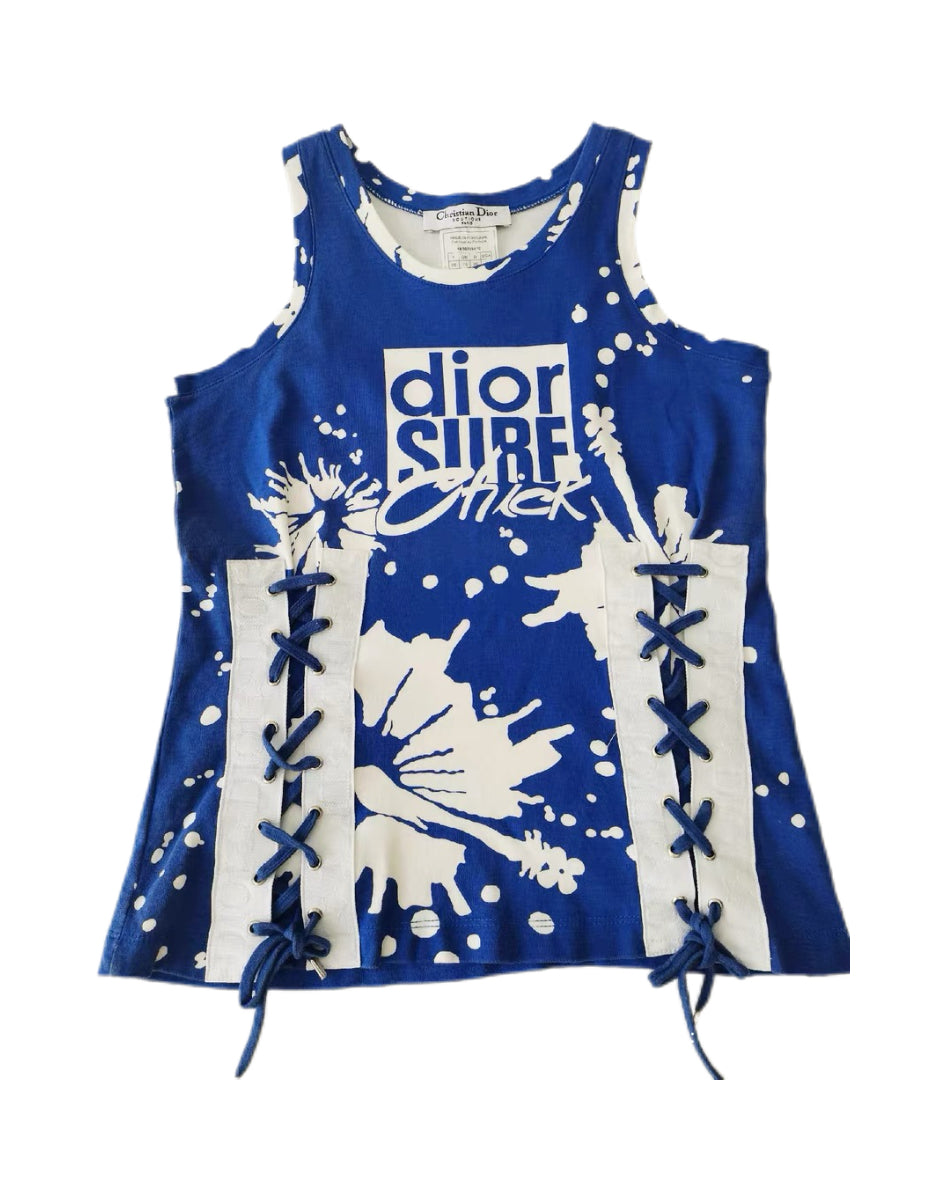 Christian Dior “Dior Surf Chic” Lace-Up Tank Top – Blue Graphic Logo Y2K Archive Piece