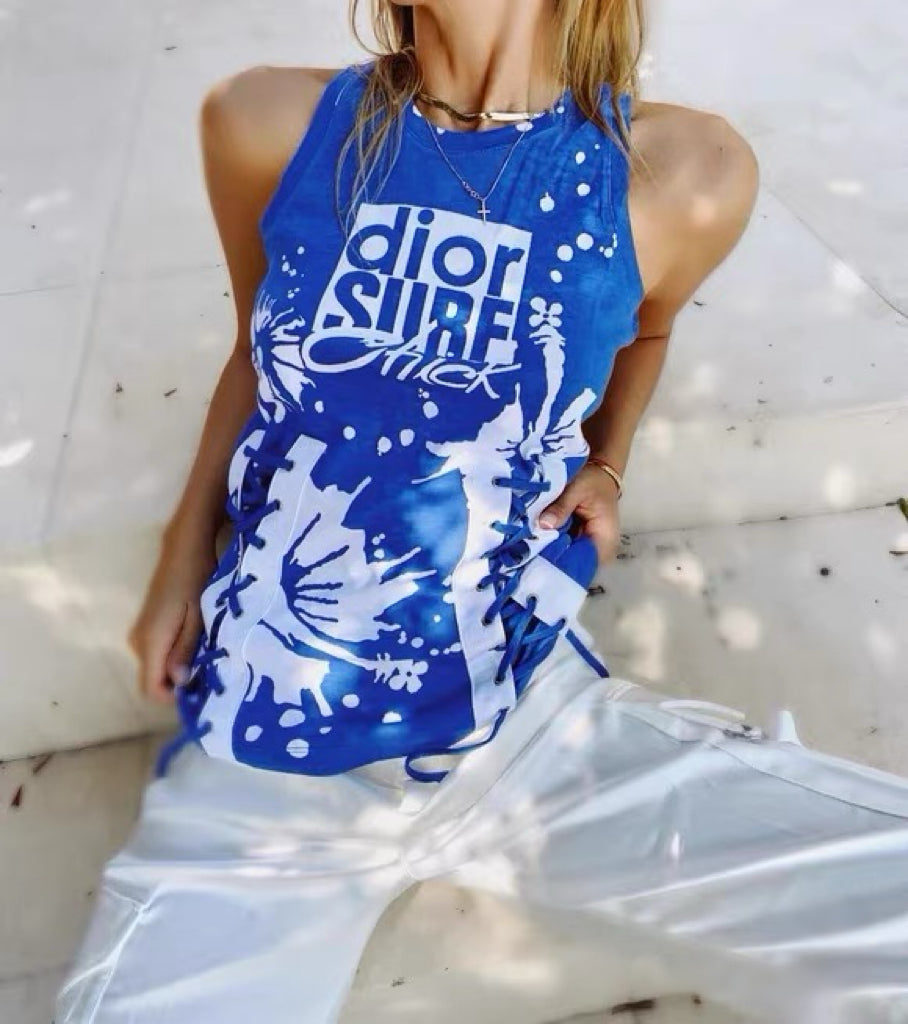 Christian Dior “Dior Surf Chic” Lace-Up Tank Top – Blue Graphic Logo Y2K Archive Piece