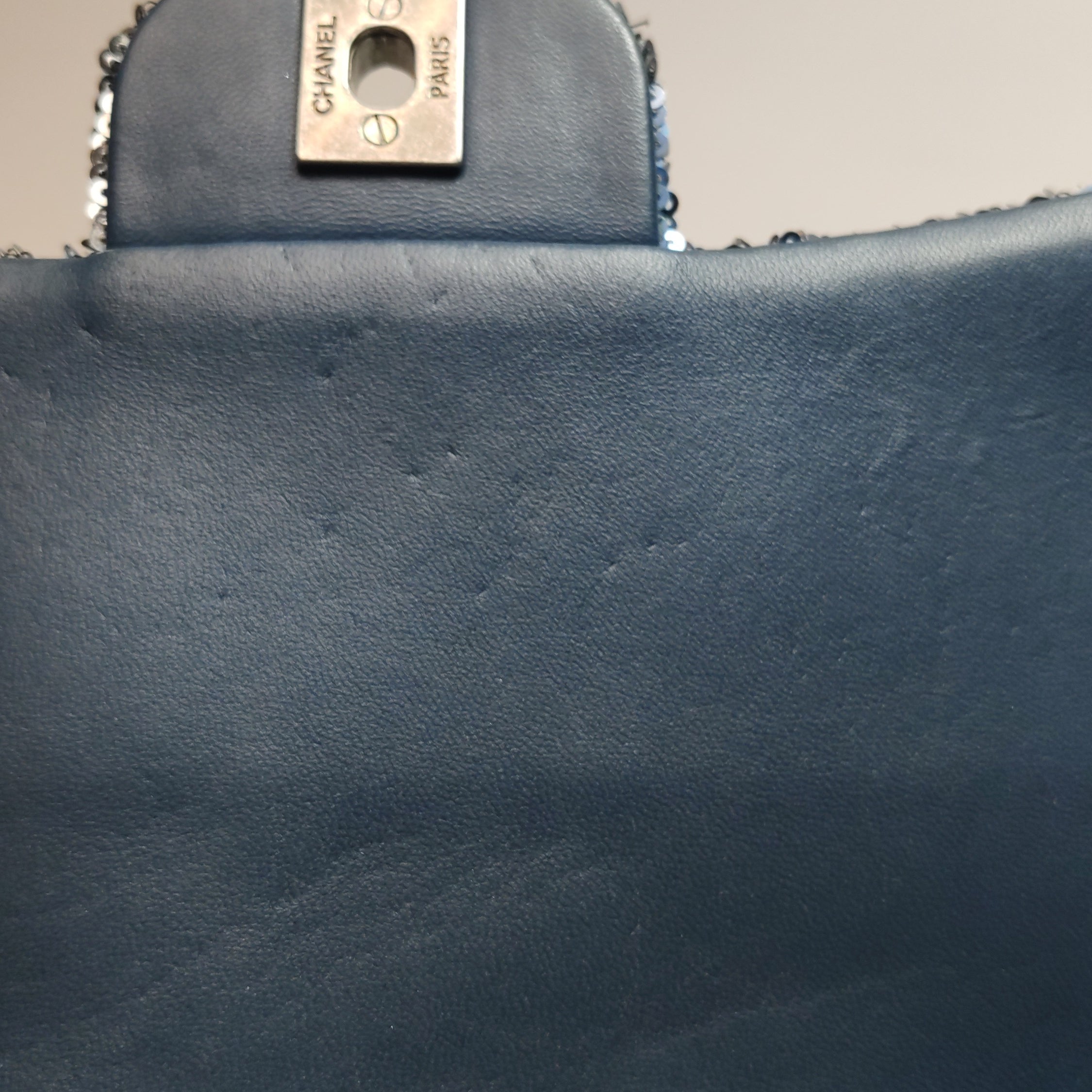 Chanel 2017 Cruise “Coco Cuba” Sequin Flap Chain Bag – Navy Blue CC Logo Evening Bag