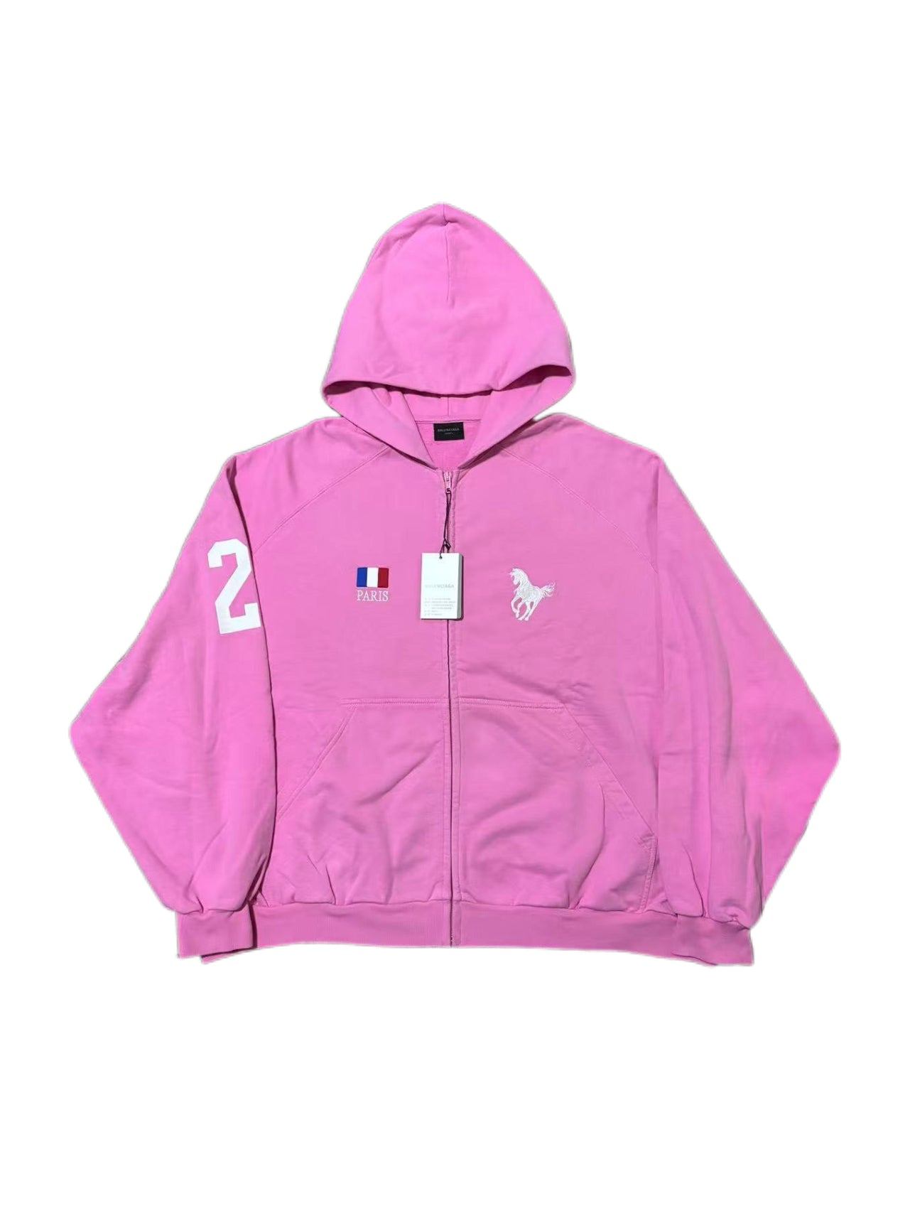 Balenciaga FW22 Runway Oversized Pink Zip-Up Hoodie – Paris Flag Horse Logo “22” Graphic