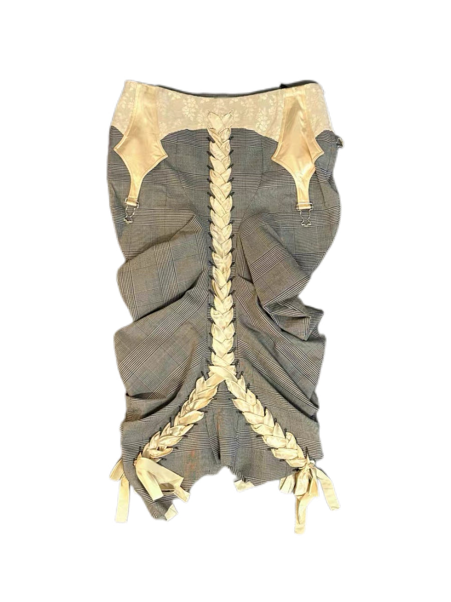 Christian Dior by John Galliano S/S 2004 Houndstooth Lace-Up Ribbon Skirt – Runway Piece Corset-Inspired