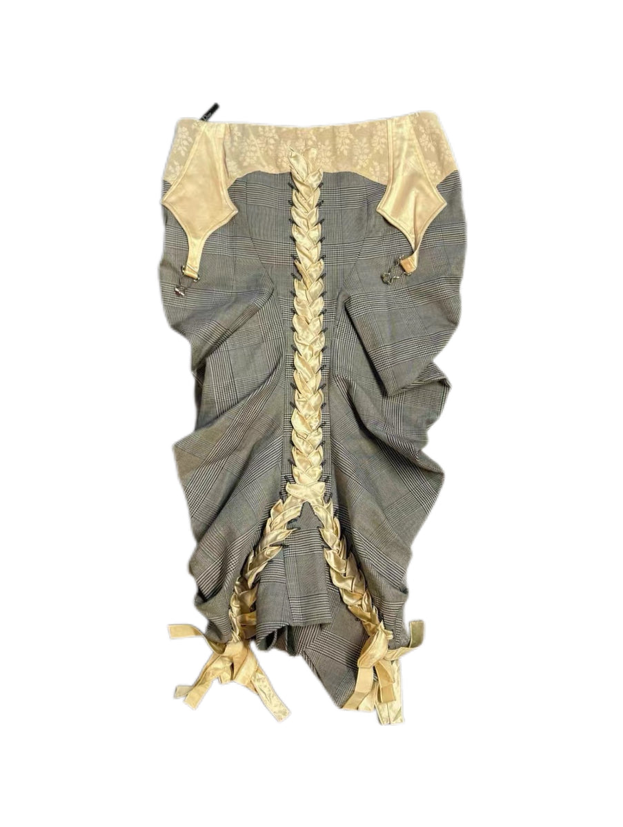 Christian Dior by John Galliano S/S 2004 Houndstooth Lace-Up Ribbon Skirt – Runway Piece Corset-Inspired