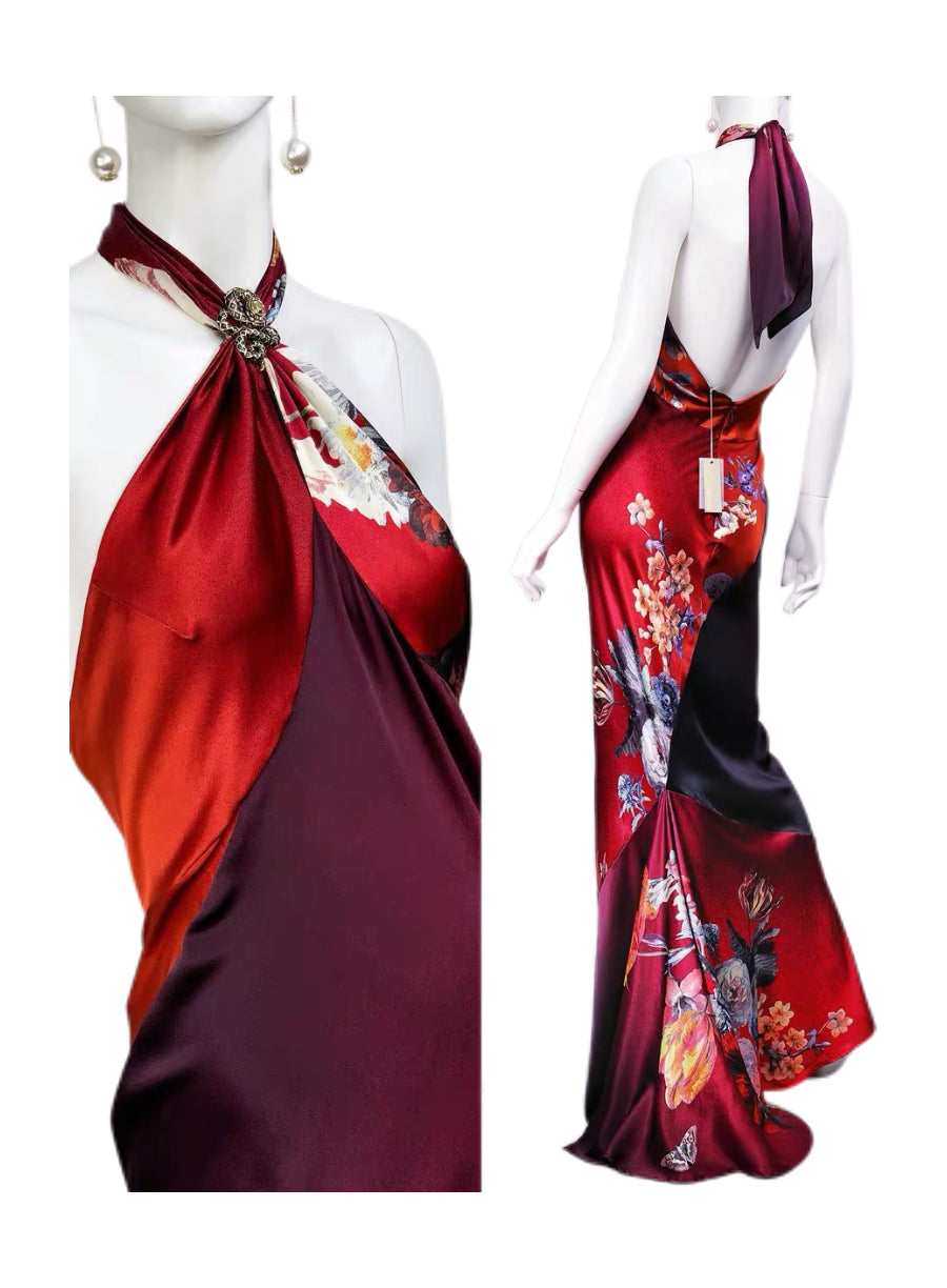 Roberto Cavalli Archive Silk Peony Print Halter Evening Gown – Collector’s Piece