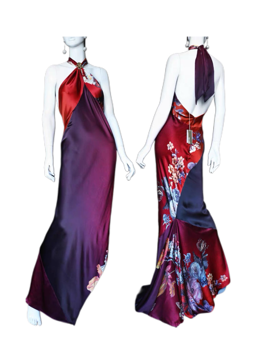 Roberto Cavalli Archive Silk Peony Print Halter Evening Gown – Collector’s Piece