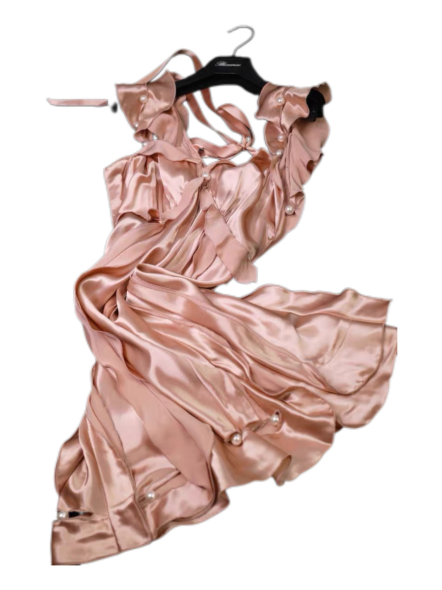 Marc Jacobs Collection Archive Champagne Silk Pearl Open Back Ruffle Evening Dress