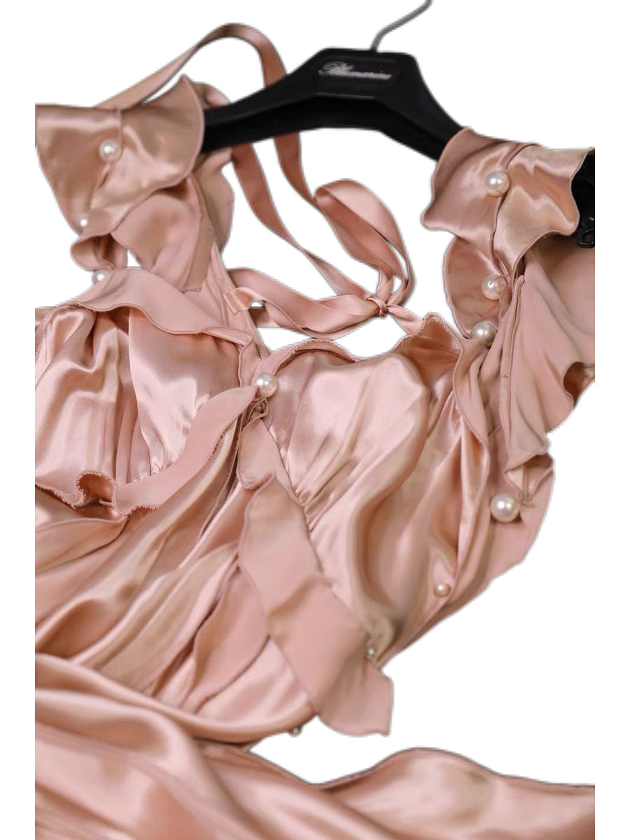 Marc Jacobs Collection Archive Champagne Silk Pearl Open Back Ruffle Evening Dress