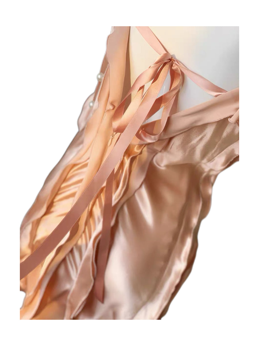 Marc Jacobs Collection Archive Champagne Silk Pearl Open Back Ruffle Evening Dress