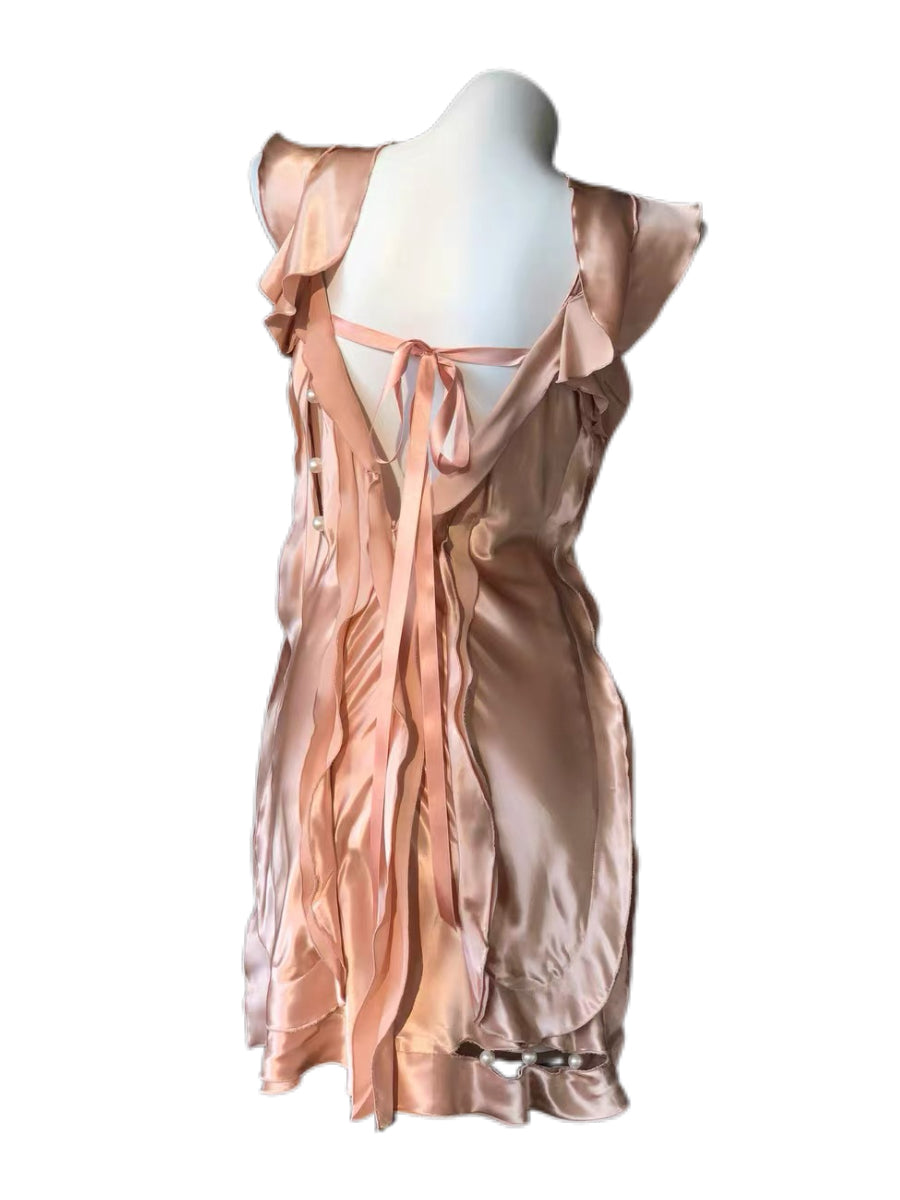 Marc Jacobs Collection Archive Champagne Silk Pearl Open Back Ruffle Evening Dress