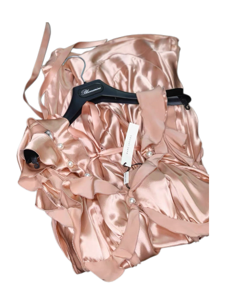 Marc Jacobs Collection Archive Champagne Silk Pearl Open Back Ruffle Evening Dress