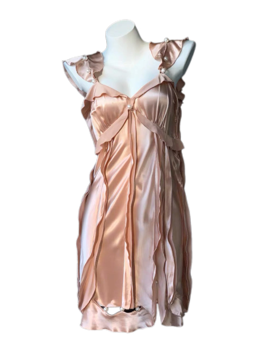 Marc Jacobs Collection Archive Champagne Silk Pearl Open Back Ruffle Evening Dress