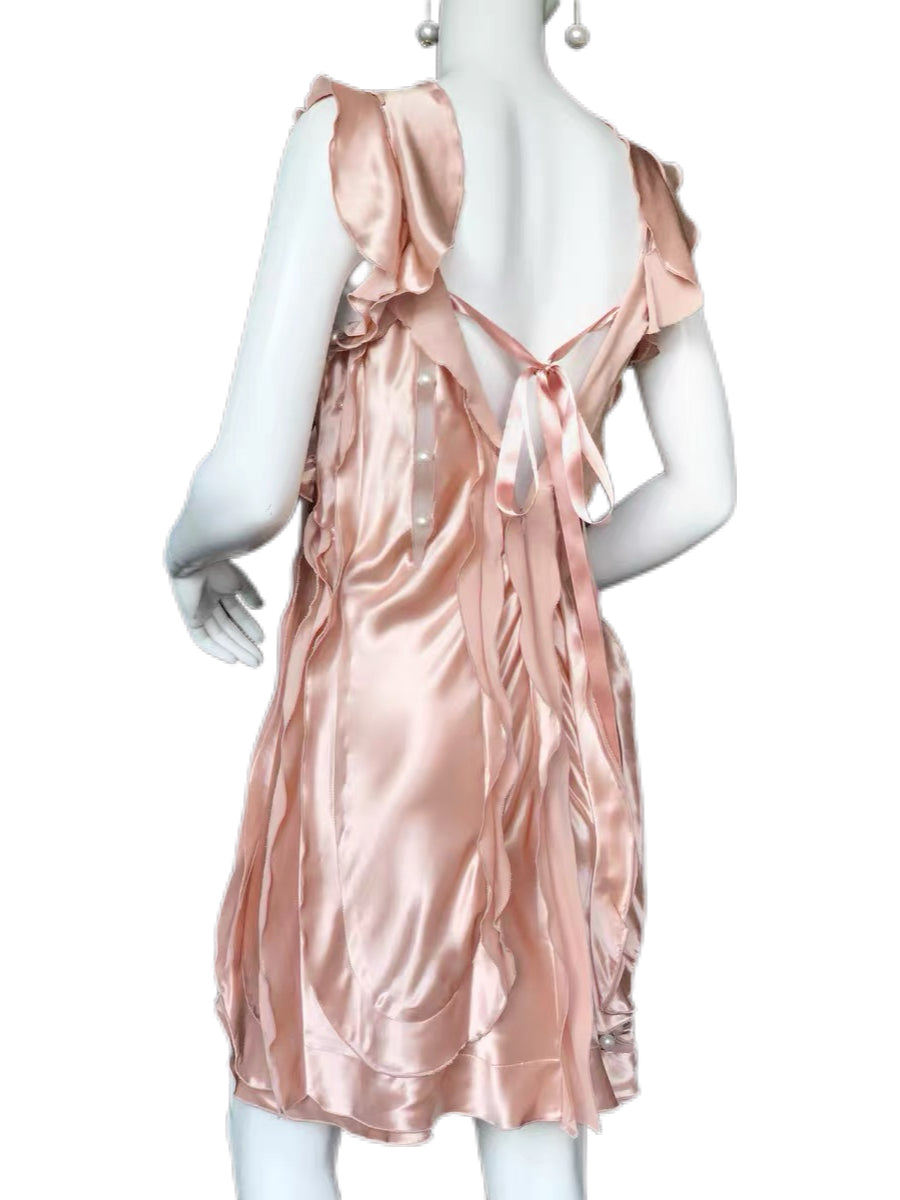 Marc Jacobs Collection Archive Champagne Silk Pearl Open Back Ruffle Evening Dress