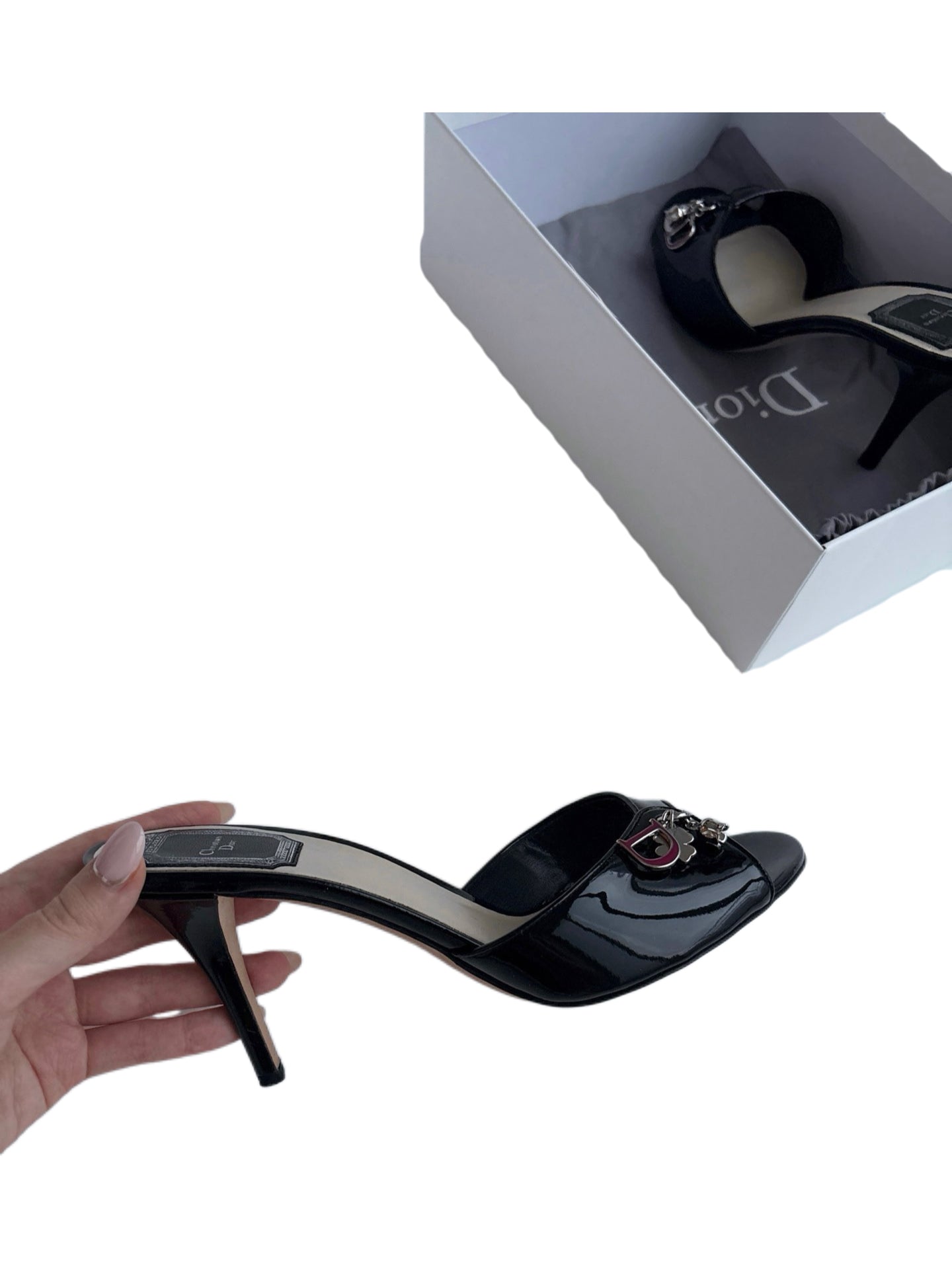 Christian Dior by John Galliano Archive Black Patent Leather D Charm Mule Sandals