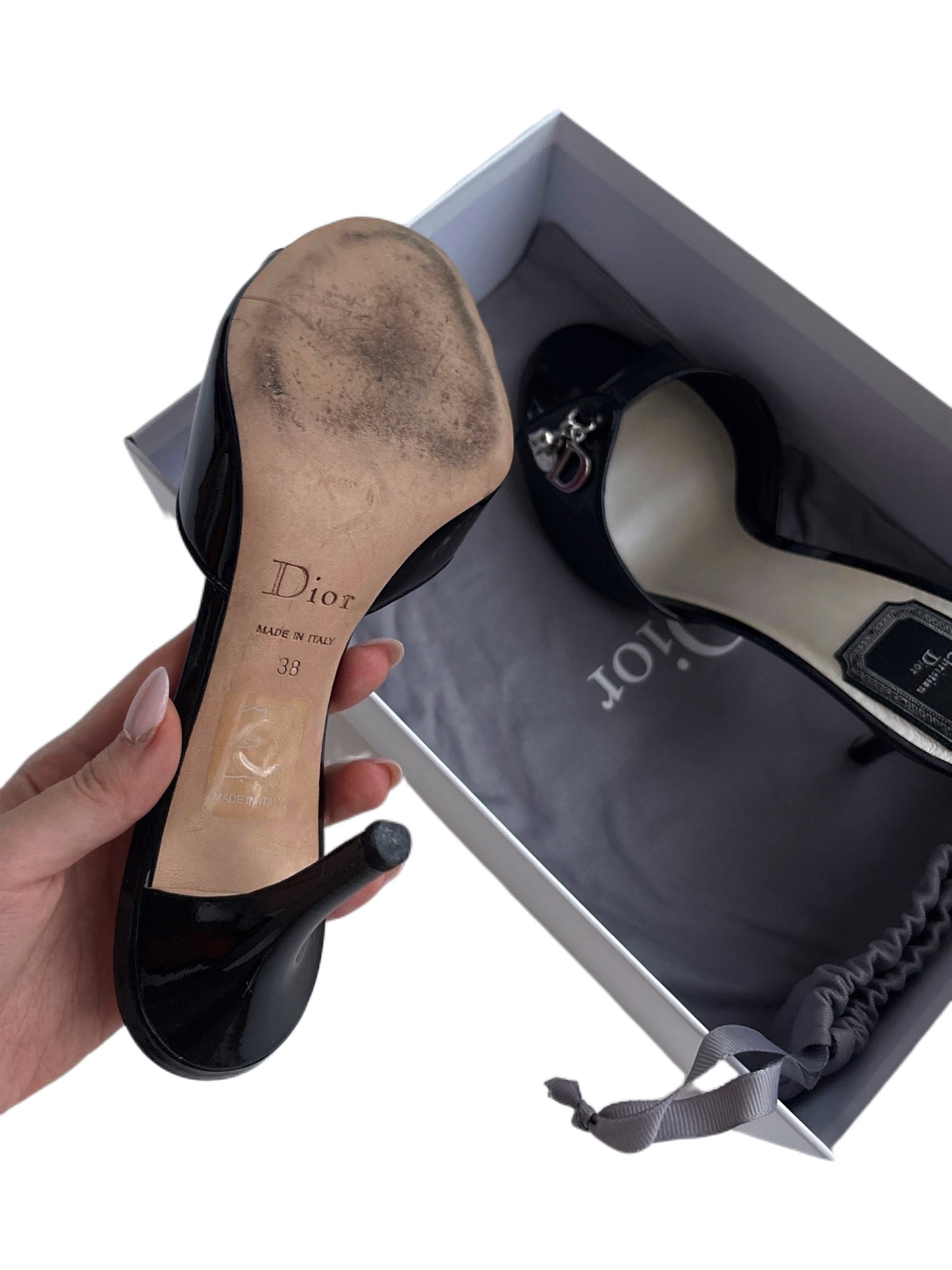 Christian Dior by John Galliano Archive Black Patent Leather D Charm Mule Sandals