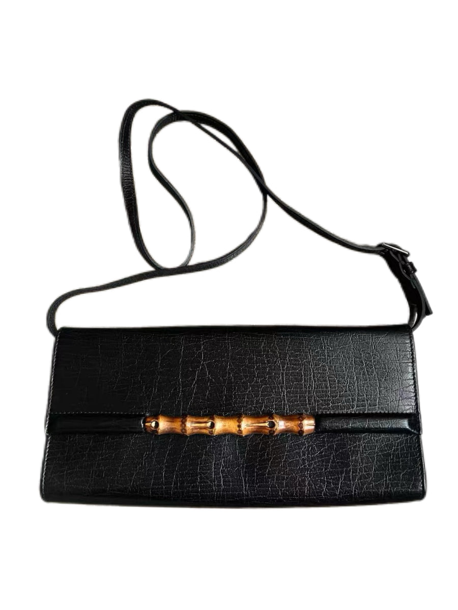Gucci Vintage Black Leather Bamboo Shoulder Bag
