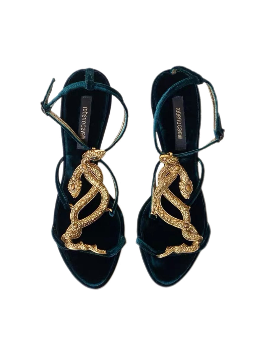 Roberto Cavalli Emerald Velvet Double Snake Embellished Heels – Sculptural Serpent Strap Sandals