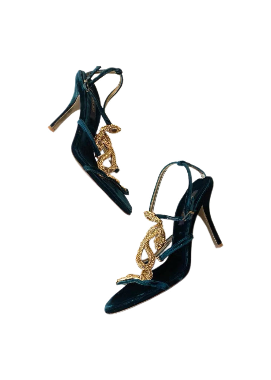 Roberto Cavalli Emerald Velvet Double Snake Embellished Heels – Sculptural Serpent Strap Sandals