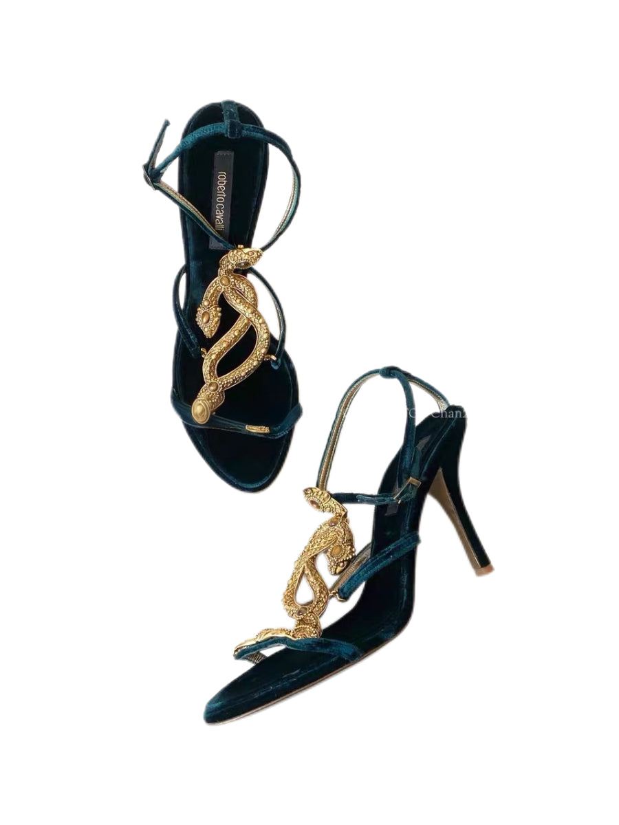 Roberto Cavalli Emerald Velvet Double Snake Embellished Heels – Sculptural Serpent Strap Sandals