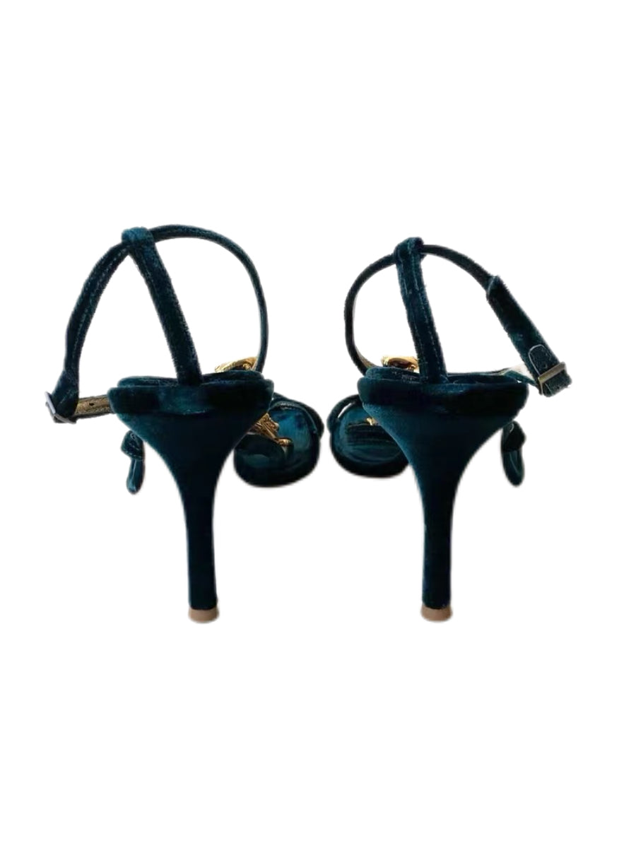 Roberto Cavalli Emerald Velvet Double Snake Embellished Heels – Sculptural Serpent Strap Sandals