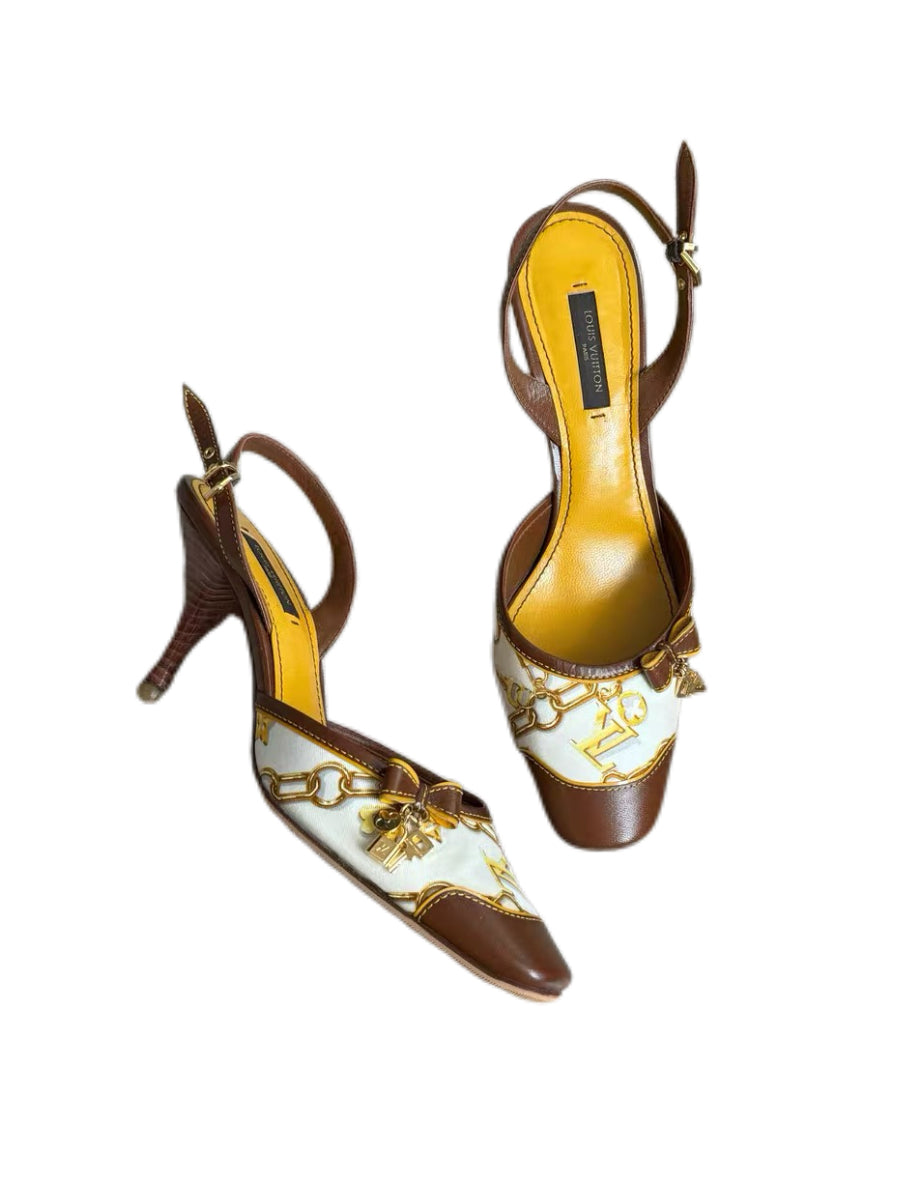 Louis Vuitton Vintage Lock & Chain Silk Scarf Print Slingback Heels – Monogram Charm Detail Pumps