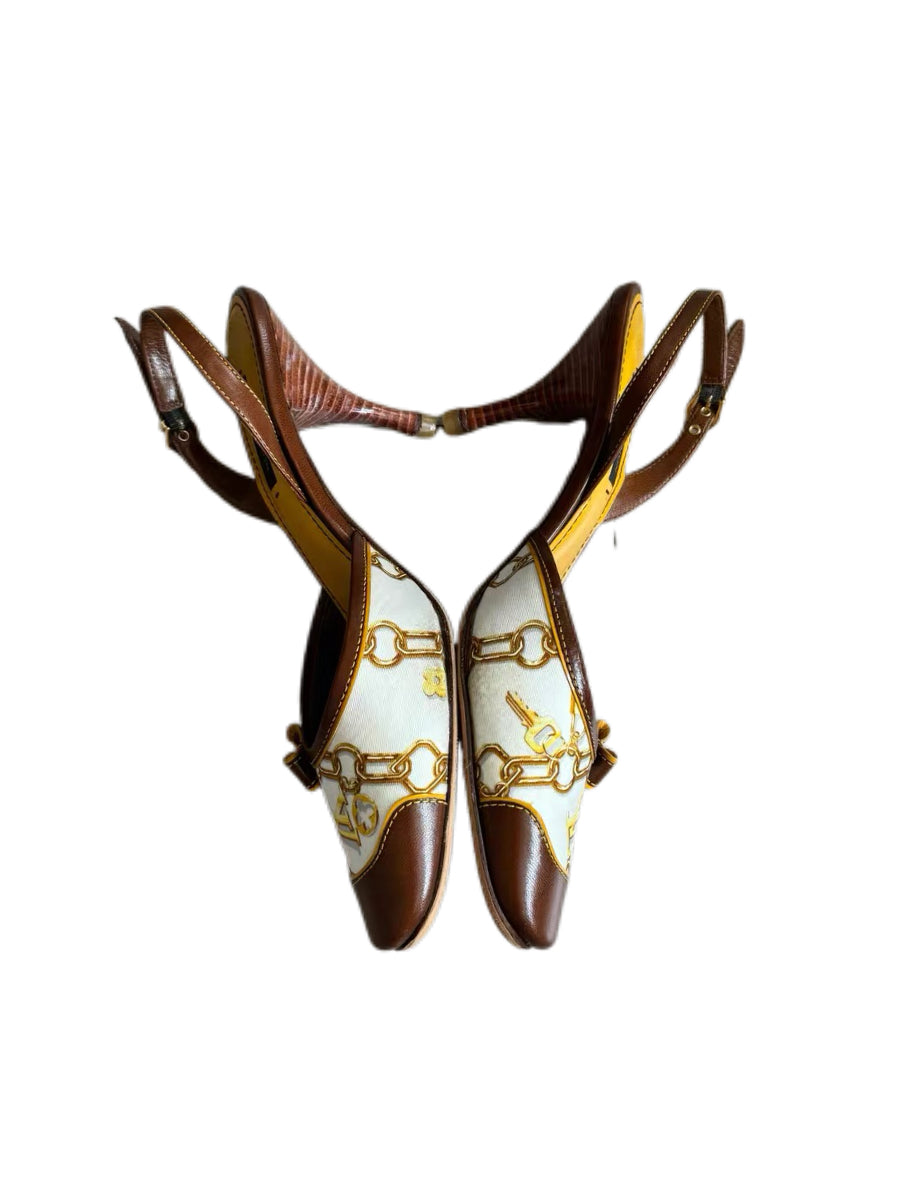 Louis Vuitton Vintage Lock & Chain Silk Scarf Print Slingback Heels – Monogram Charm Detail Pumps