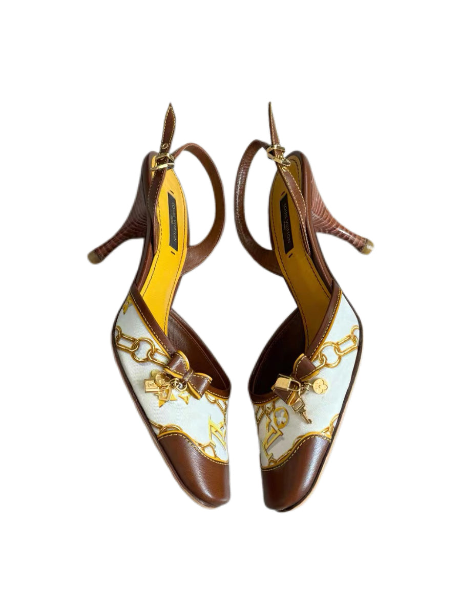 Louis Vuitton Vintage Lock & Chain Silk Scarf Print Slingback Heels – Monogram Charm Detail Pumps