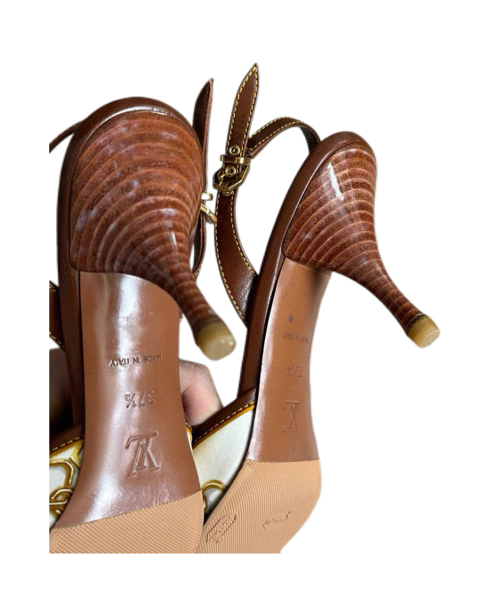 Louis Vuitton Vintage Lock & Chain Silk Scarf Print Slingback Heels – Monogram Charm Detail Pumps