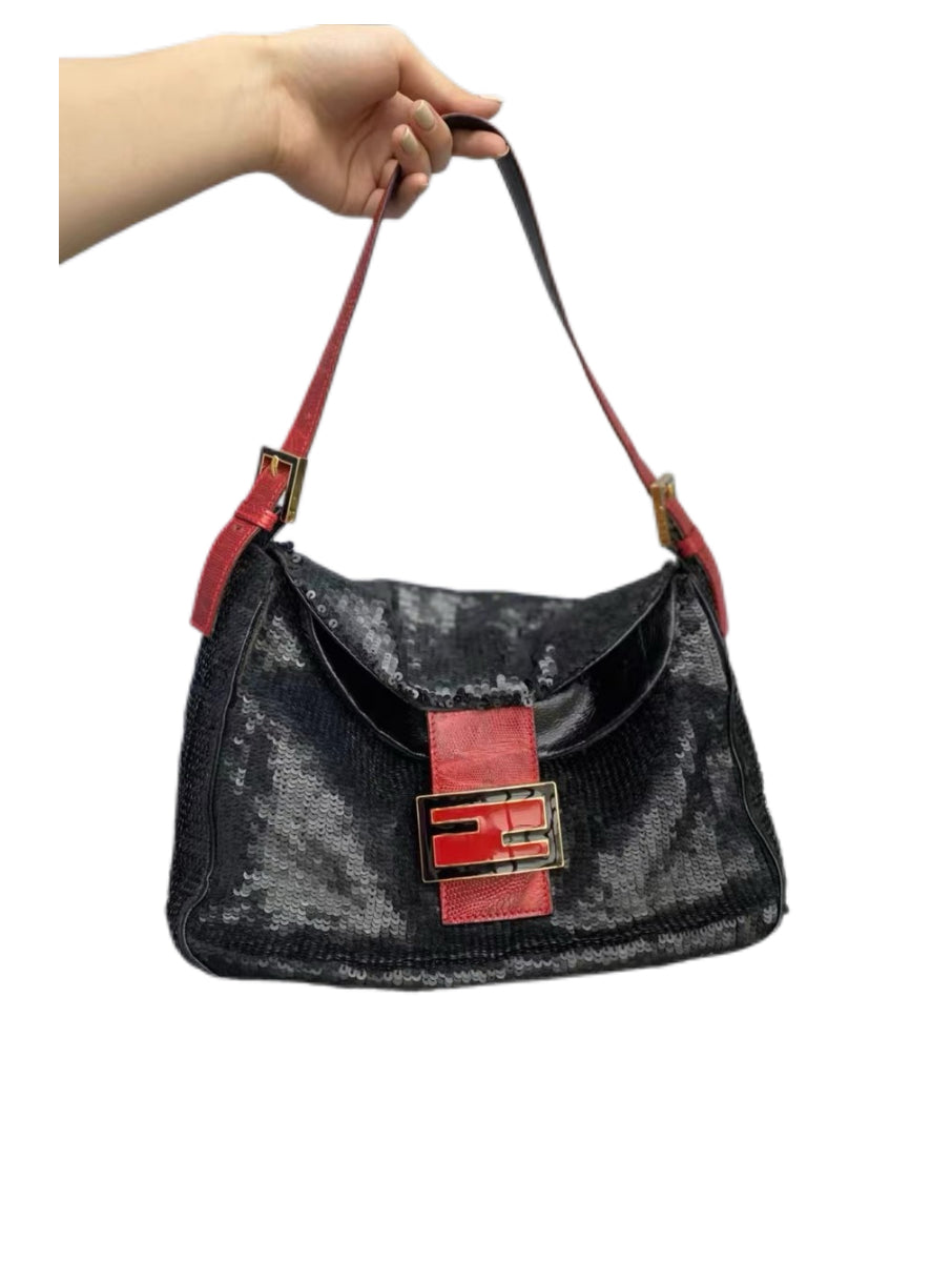 Fendi Vintage Black Sequin Baguette Bag – Red Leather Strap FF Logo Limited Edition Shoulder Bag