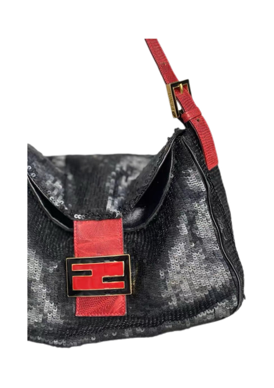 Fendi Vintage Black Sequin Baguette Bag – Red Leather Strap FF Logo Limited Edition Shoulder Bag