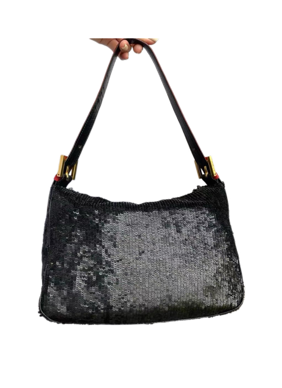 Fendi Vintage Black Sequin Baguette Bag – Red Leather Strap FF Logo Limited Edition Shoulder Bag