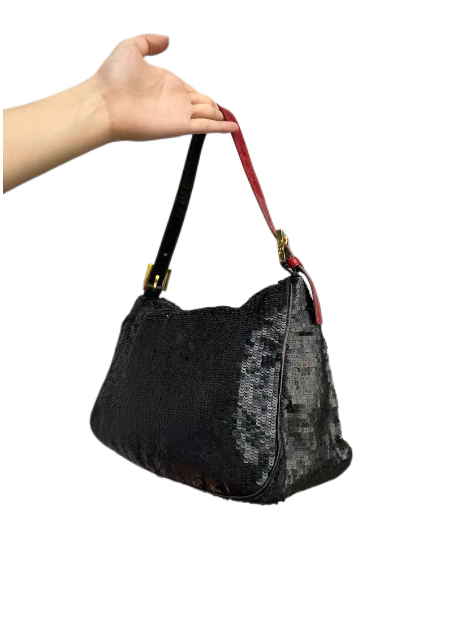 Fendi Vintage Black Sequin Baguette Bag – Red Leather Strap FF Logo Limited Edition Shoulder Bag