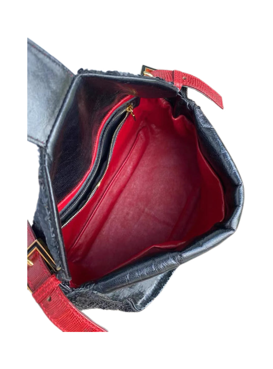 Fendi Vintage Black Sequin Baguette Bag – Red Leather Strap FF Logo Limited Edition Shoulder Bag