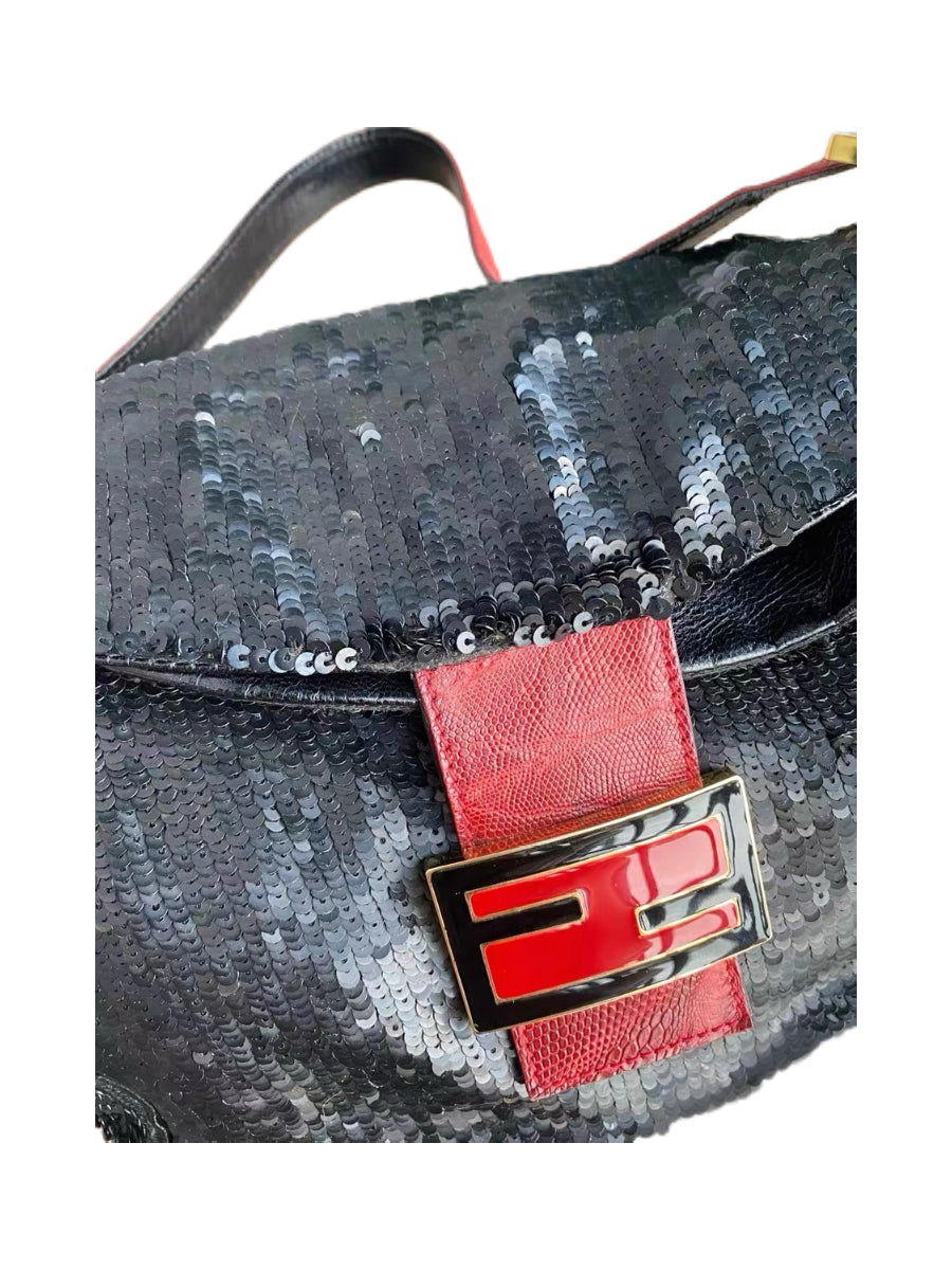 Fendi Vintage Black Sequin Baguette Bag – Red Leather Strap FF Logo Limited Edition Shoulder Bag
