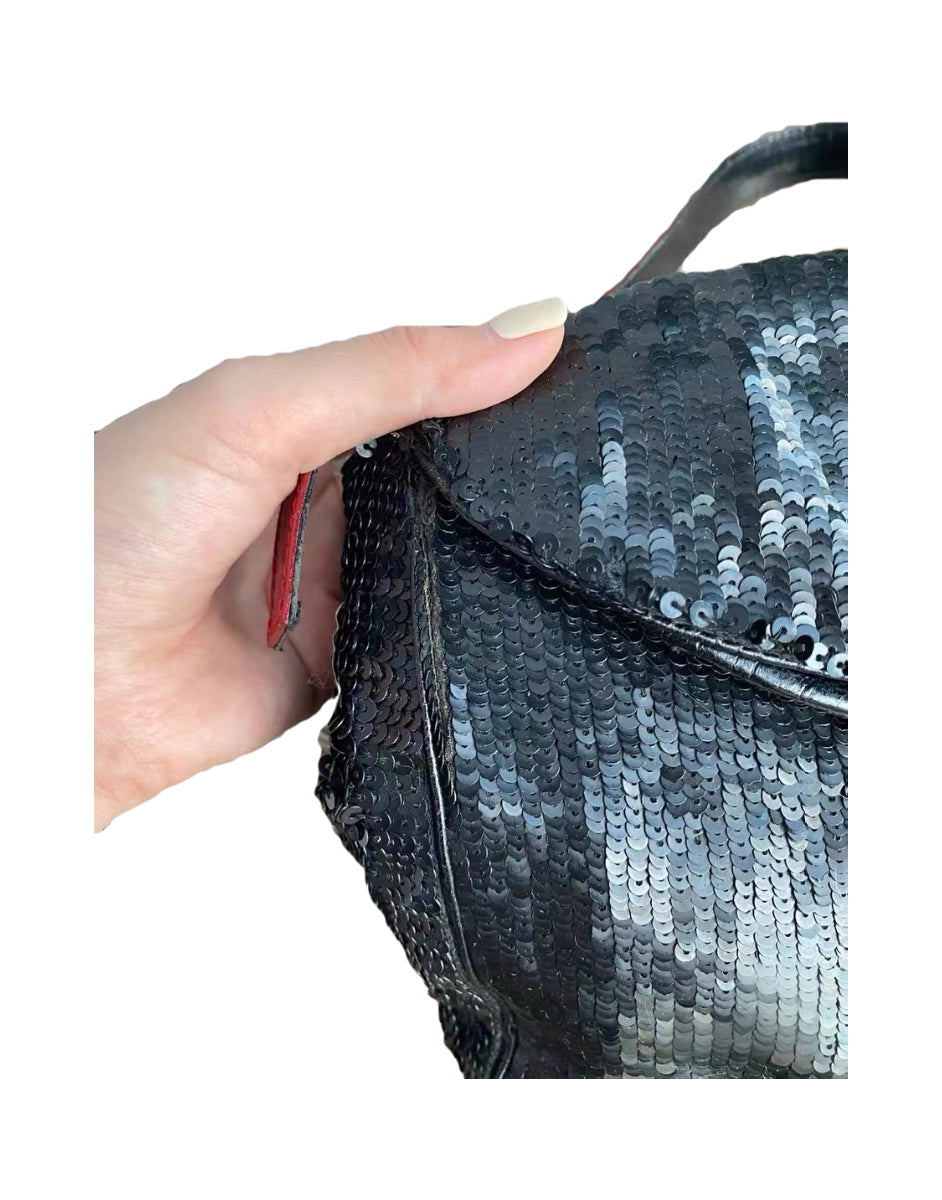 Fendi Vintage Black Sequin Baguette Bag – Red Leather Strap FF Logo Limited Edition Shoulder Bag