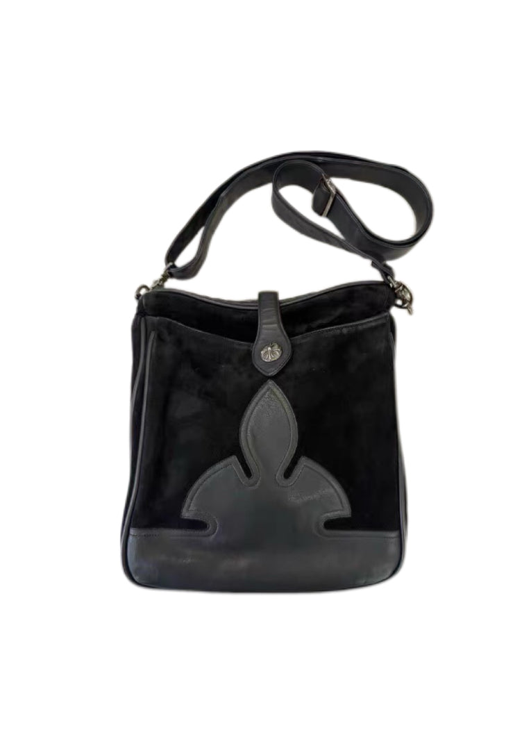 Chrome Hearts Black Suede Crossbody Messenger Bag – Flame Leather Patch Gothic Shoulder Bag