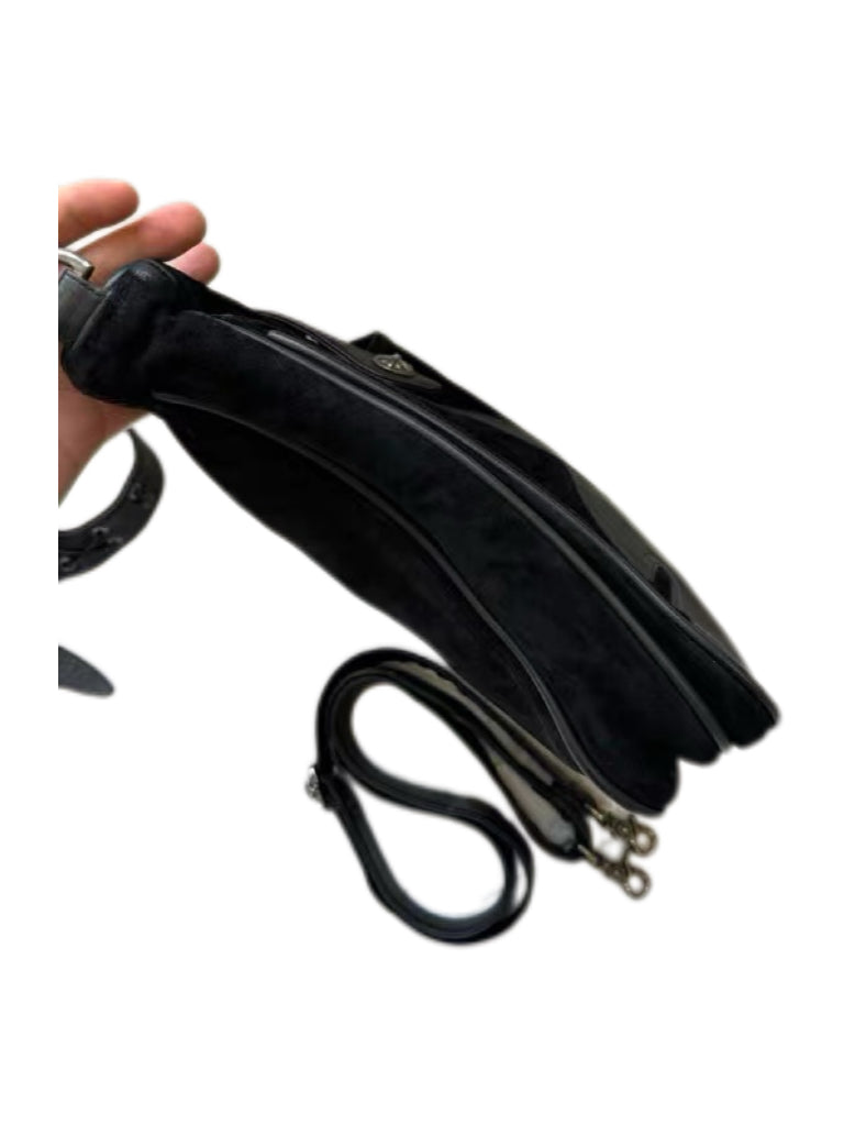 Chrome Hearts Black Suede Crossbody Messenger Bag – Flame Leather Patch Gothic Shoulder Bag