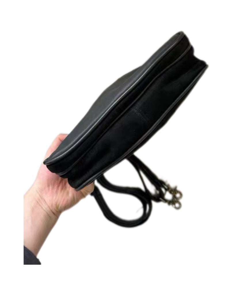 Chrome Hearts Black Suede Crossbody Messenger Bag – Flame Leather Patch Gothic Shoulder Bag
