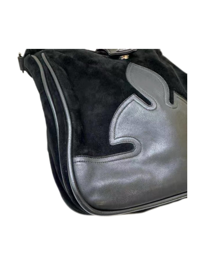 Chrome Hearts Black Suede Crossbody Messenger Bag – Flame Leather Patch Gothic Shoulder Bag