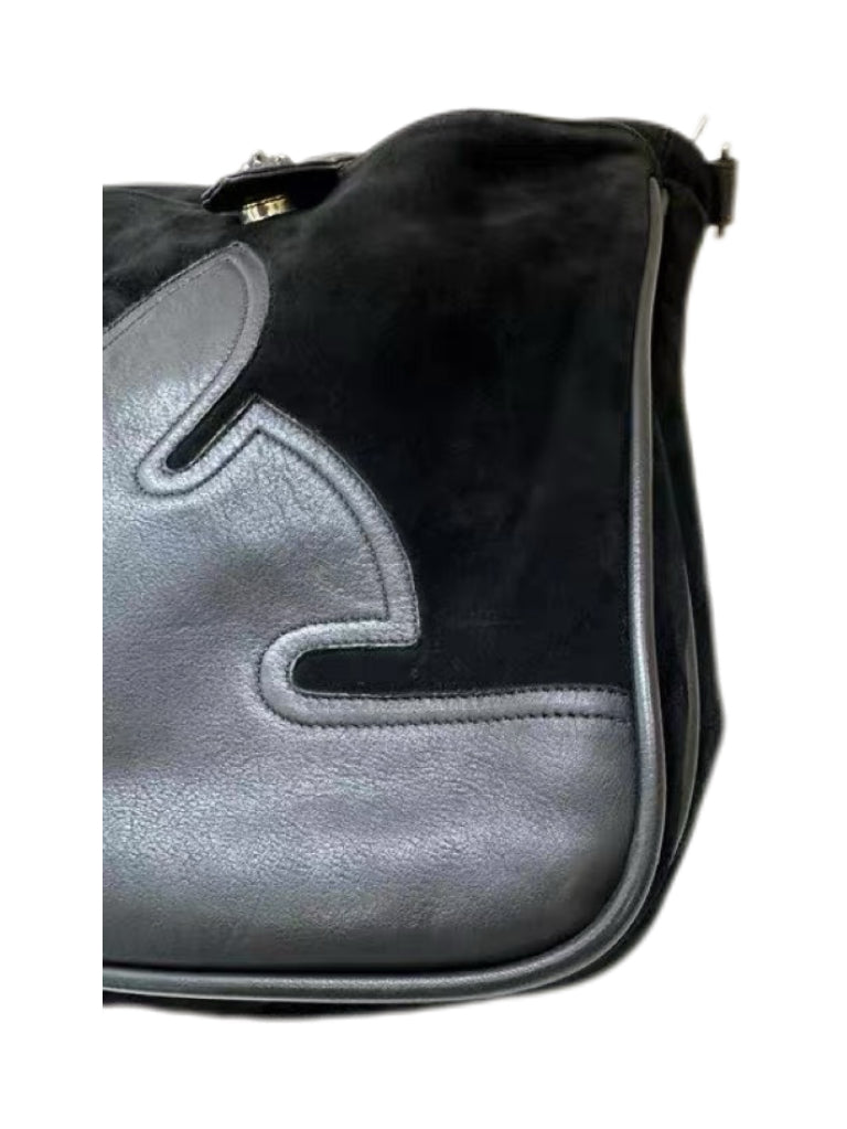 Chrome Hearts Black Suede Crossbody Messenger Bag – Flame Leather Patch Gothic Shoulder Bag