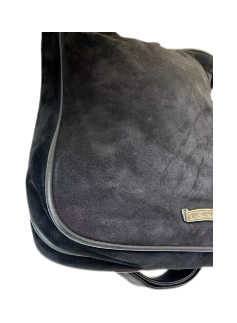 Chrome Hearts Black Suede Crossbody Messenger Bag – Flame Leather Patch Gothic Shoulder Bag
