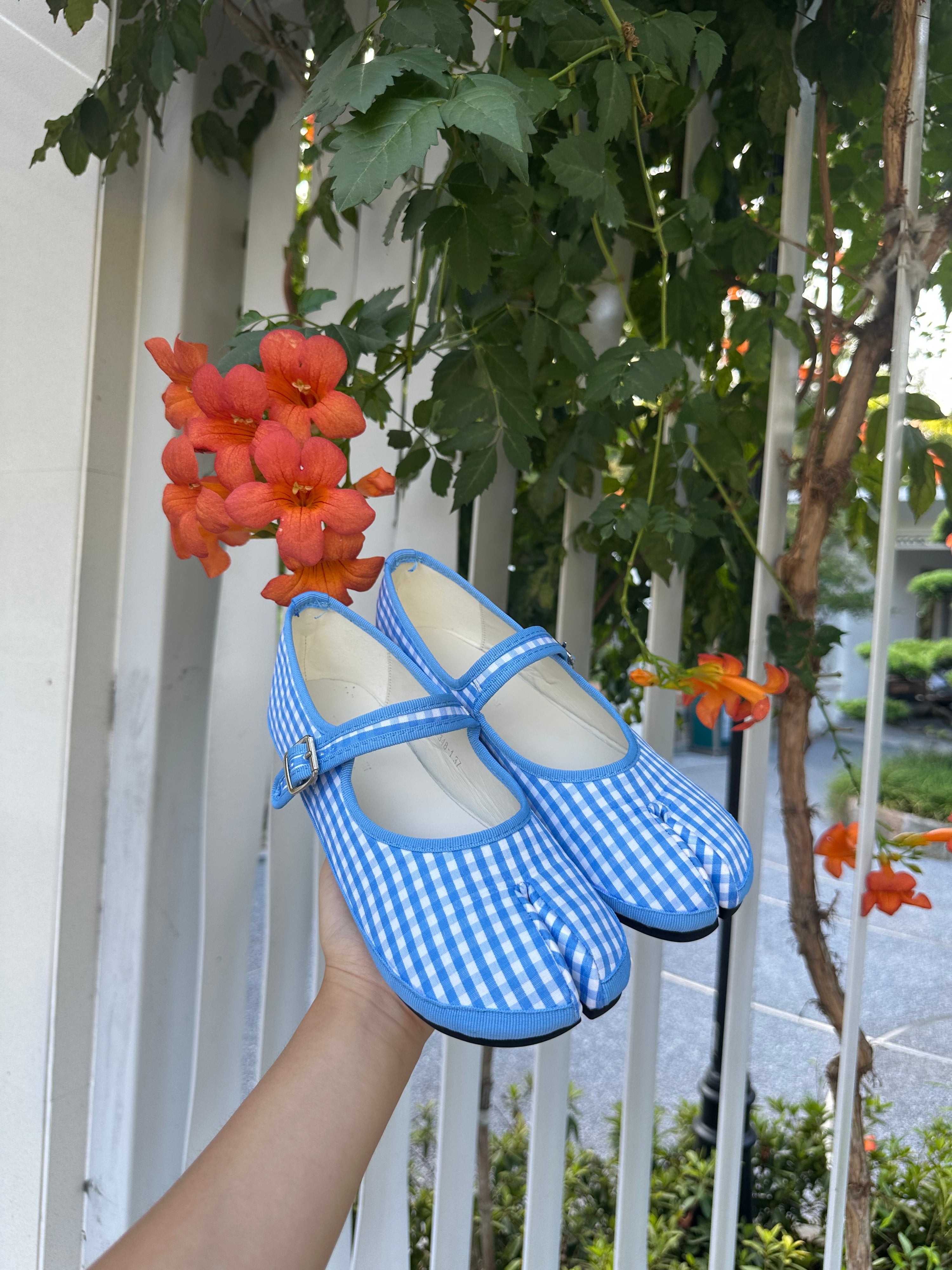 Blue Gingham Tabi Mary-Jane Flats