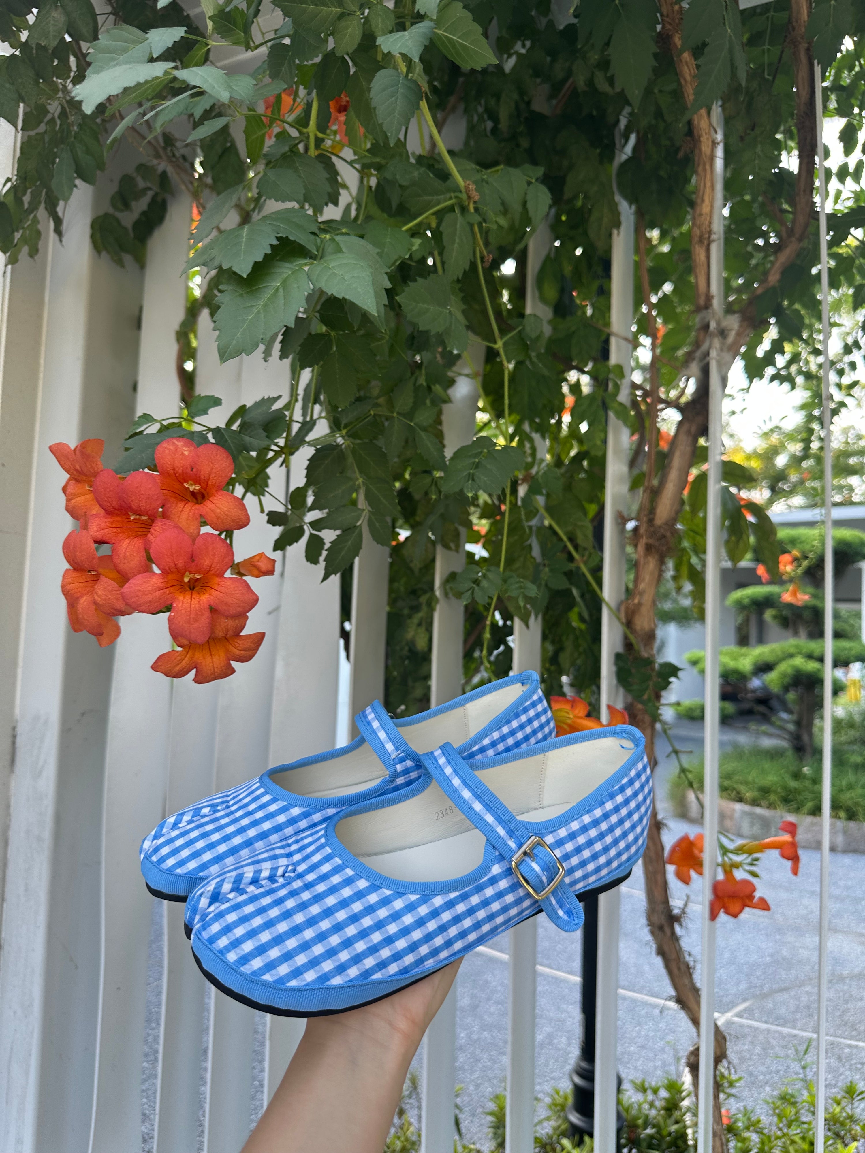 Blue Gingham Tabi Mary-Jane Flats