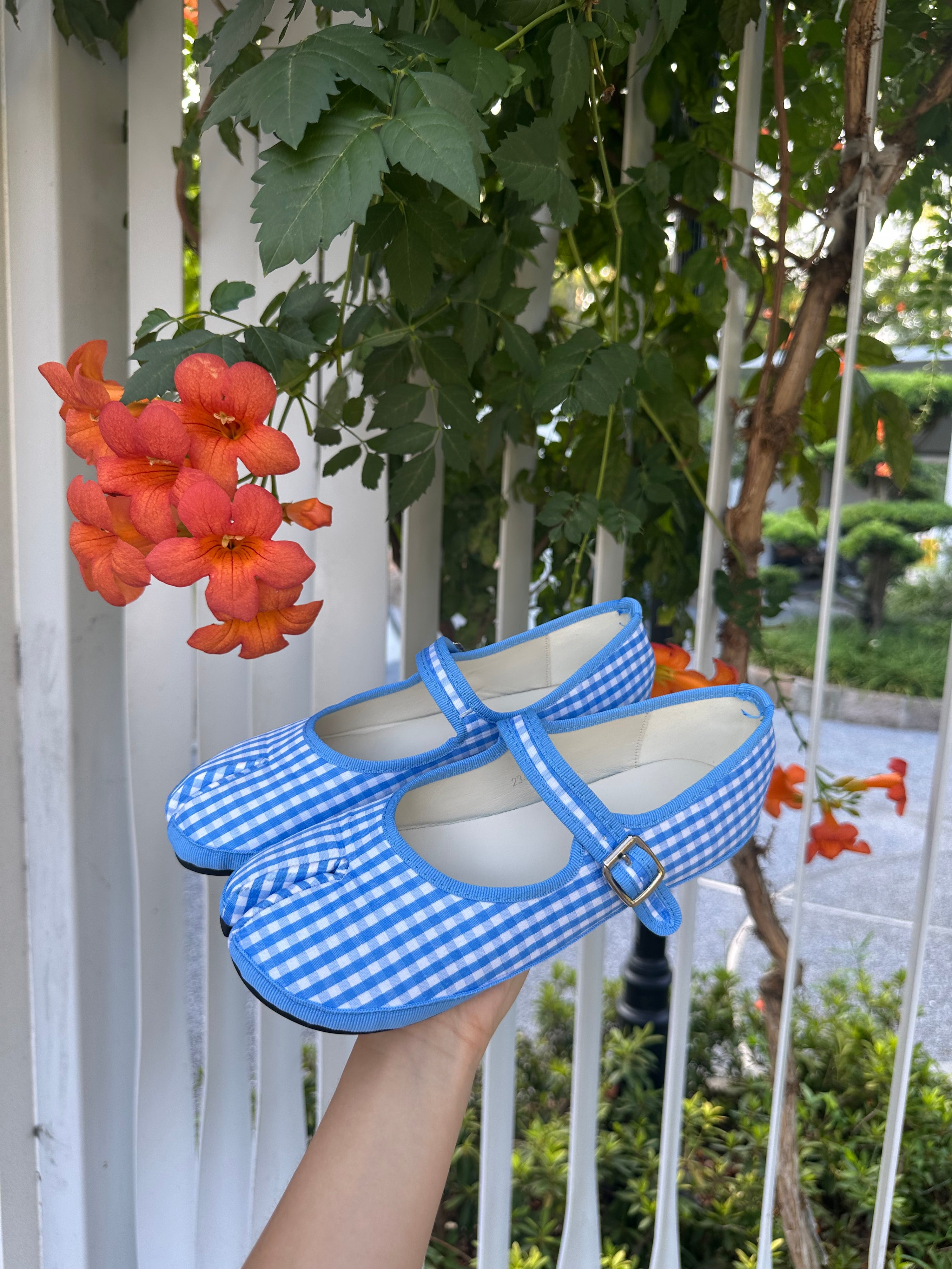 Blue Gingham Tabi Mary-Jane Flats
