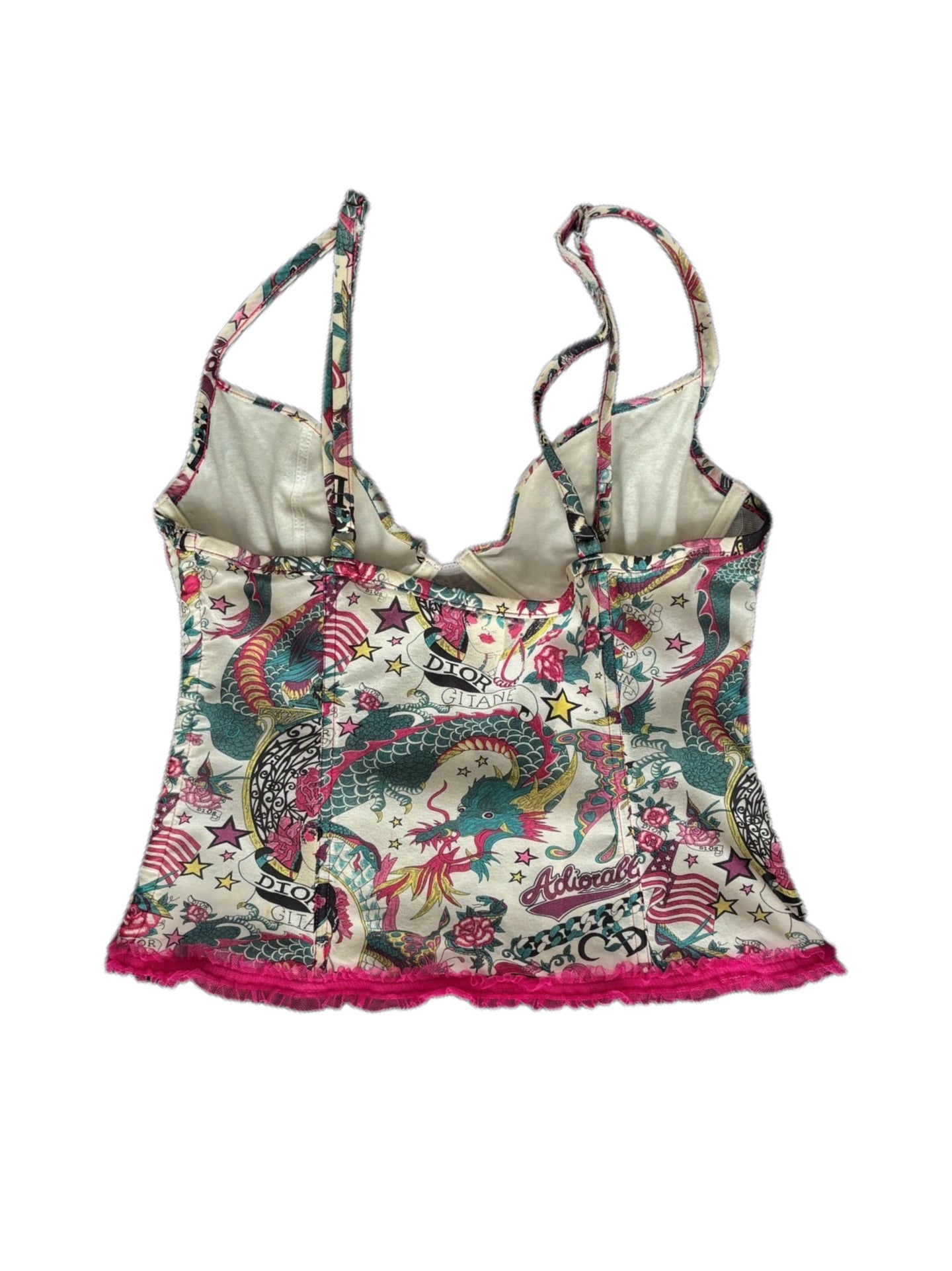 Christian Dior by John Galliano Archive 2004 Gitanes Spanish Girl Print Silk Corset Top