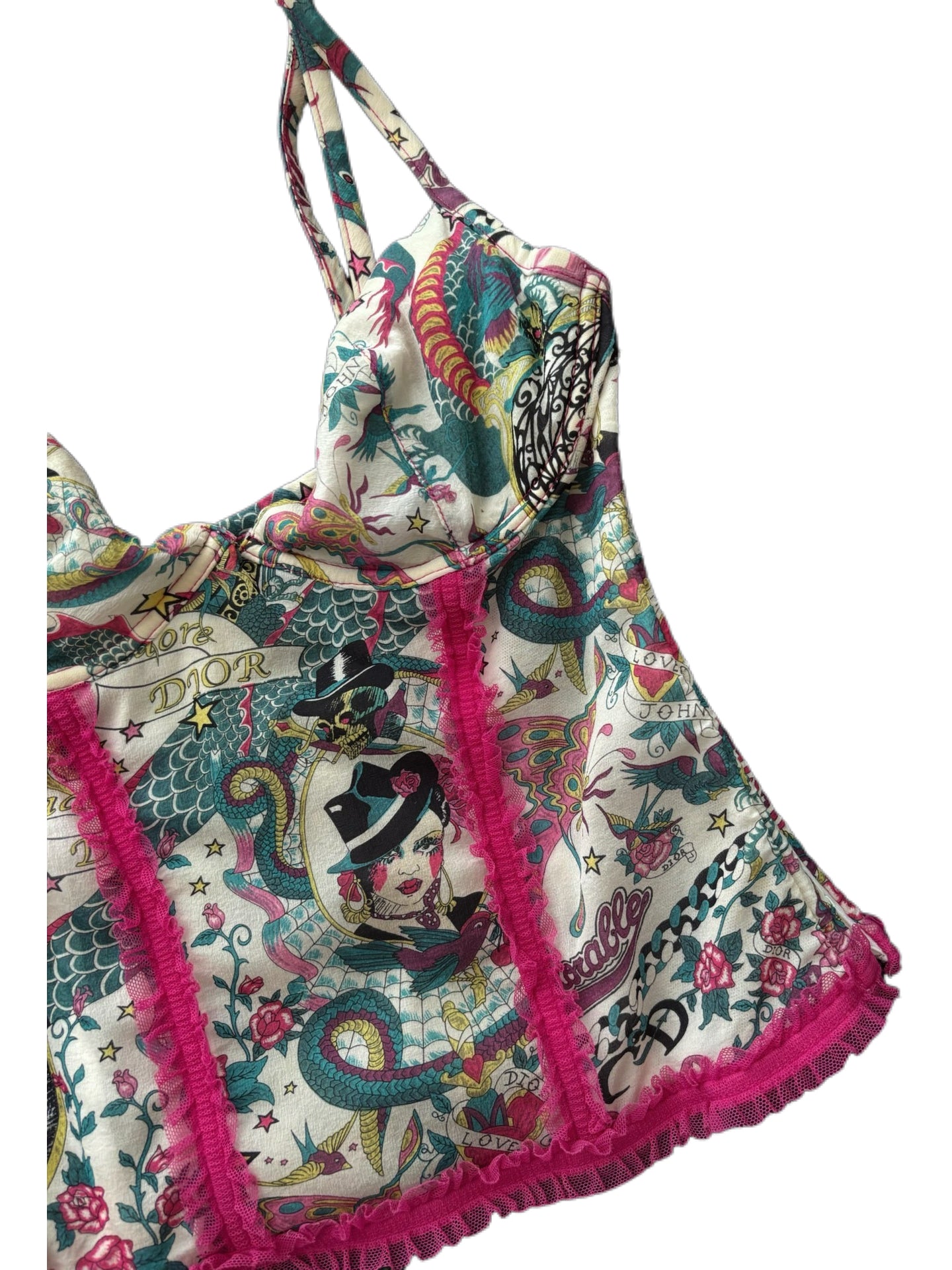 Christian Dior by John Galliano Archive 2004 Gitanes Spanish Girl Print Silk Corset Top