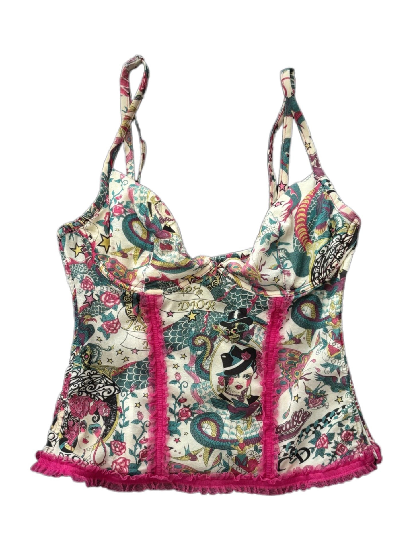 Christian Dior by John Galliano Archive 2004 Gitanes Spanish Girl Print Silk Corset Top