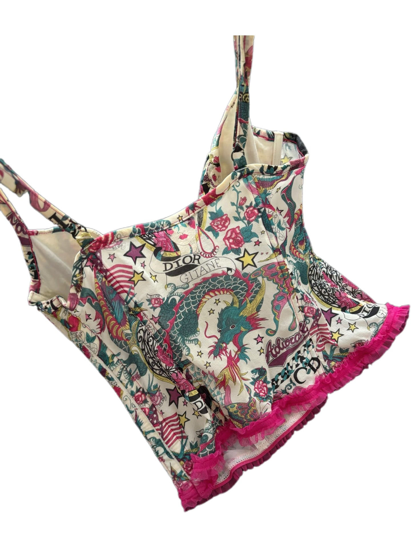 Christian Dior by John Galliano Archive 2004 Gitanes Spanish Girl Print Silk Corset Top