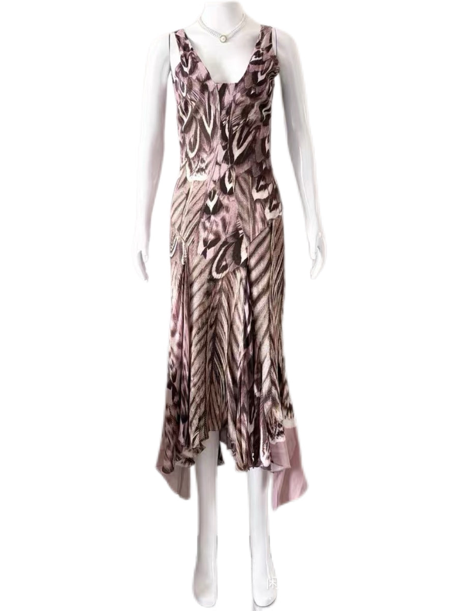 Roberto Cavalli Silk Printed Asymmetric Draped Evening Gown